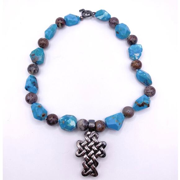 Simon Sebbag Designs Signed 925 Silver Celtic Cross With Turquoise and Agate - Picture 7 of 8